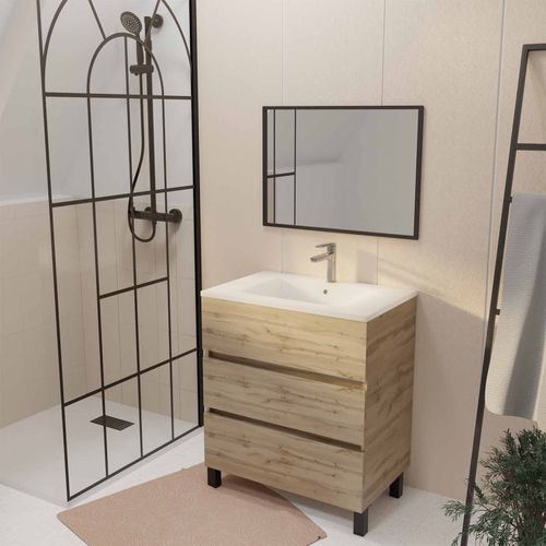 Meuble De Salle De Bains 70cm Timber Décor Chêne Naturel 3 Tiroirs Vasque Blanche Et Miroir 70x50