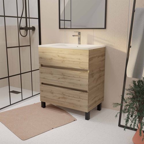 Meuble De Salle De Bains 70 Cm Timber - Décor Chêne Naturel 3 Tiroirs Avec Vasque Blanche