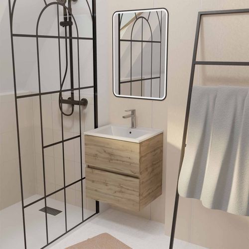 Meuble De Salle De Bains 50cm Timber - 2 Tiroirs Décor Chêne, Vasque Blanche Et Miroir Led