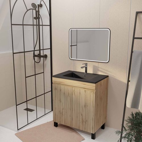 Meuble De Salle De Bains 70cm Timber Décor Chêne Naturel À Portes Vasque Noire Et Miroir Led 70x50