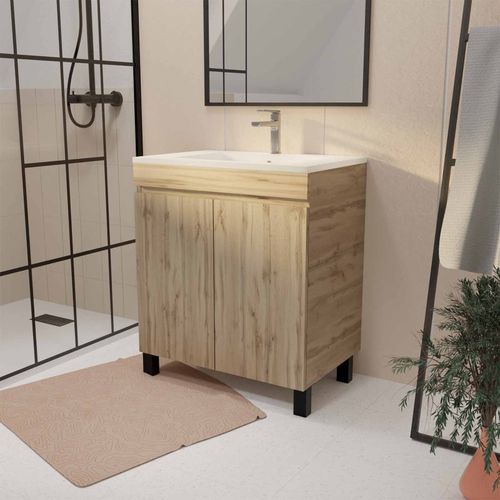 Meuble De Salle De Bains 70 Cm Timber - Décor Chêne Naturel À Portes Avec Vasque Céramique Blanche