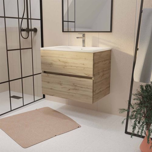 Meuble De Salle De Bains Suspendu 70 Cm Timber - Décor Chêne Naturel 2 Tiroirs Avec Vasque Blanche