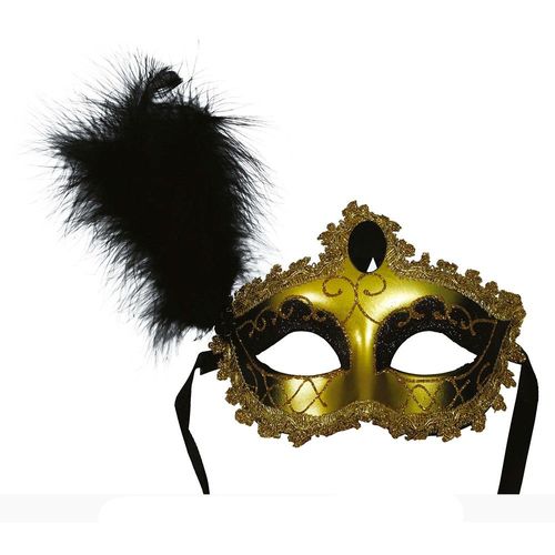 Masque Loup Vénitien Baroque Plume Or-Noir Adulte