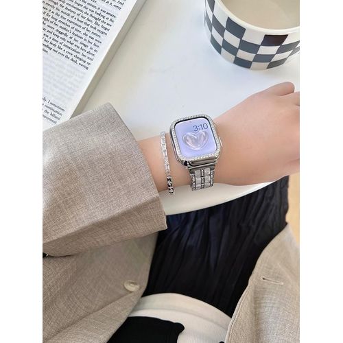 Résine Métallique Sertie De Diamants De Haute Qualité Adaptée Au Bracelet Apple Watch 8 Et À L'apple Watch Iwatch 6 Génération 7543se-Boîtier En Argent Diamanté Et Résine Blanche - 42 Mm [1/2/3]