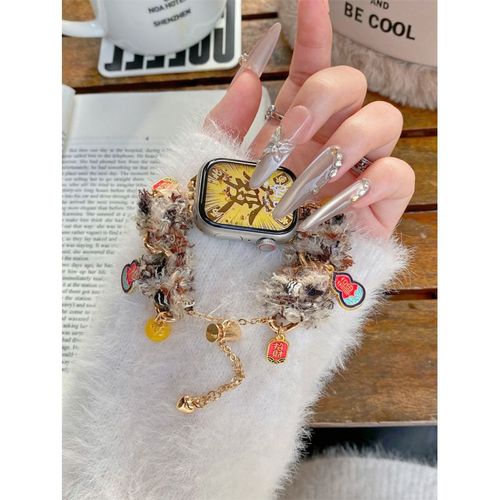 Chaîne Tressée De Style Petit Parfum En Peluche Automne Et Hiver Adaptée À L'apple Watch 978, Bracelet De Montre Apple S10 2025, Modèle De Création De Richesse-Peluche Porte-Bonheur Marron - 38 Mm/4