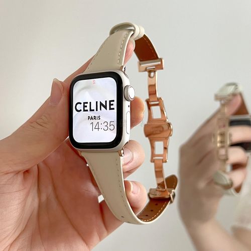 Boucle Papillon En Cuir Véritable De Petite Taille Adaptée Au Bracelet De Montre Apple Applewatch9876se Niche D'affaires Souple 10-Boucle Papillon En Or Rose Blanc Clair - (1/2/3 Génération 42 Mm)/4