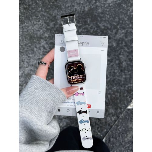 Illustration Mignon Chaton Teckel En Cuir Véritable Impression Adaptée Pour Apple Watch S10 Bracelet Apple Watch S98-Teckel N° 3 - (1/2/3 Génération 42 Mm)/44/45/46/49 Mm Universel