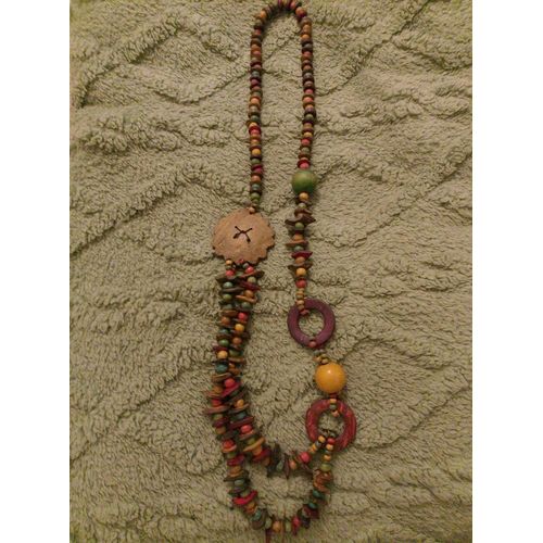 Collier Long Mi Noix De Coco,Mi Bois Coloré Vintage Années 80.