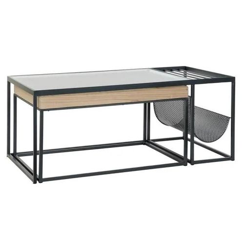 Table Basse Porte-Revues Style Loft Métal, Bambou, Verre - Blanc - Design Industriel