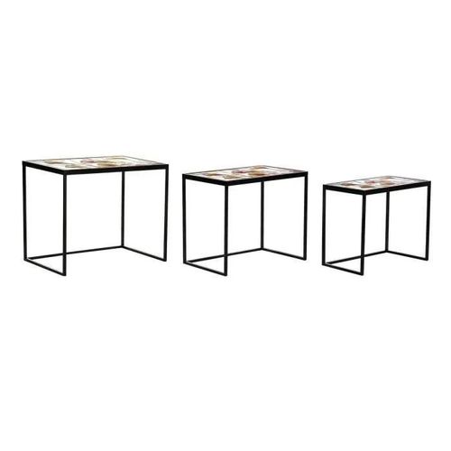 Tables Gigognes Style Tropical Jaune, Rose, Doré, Noir Verre, Métal 60 Cm
