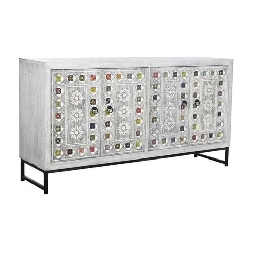 Buffet Céramique Gris Blanc Bois De Manguier (150 X 38 X 80 Cm)