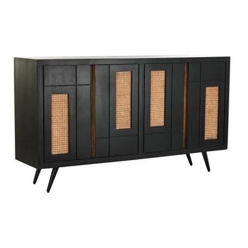 Buffet Bas - [Marque] - Noir En Bois De Manguier Et Rotin - 4 Portes - 160 X 40 X 90 Cm