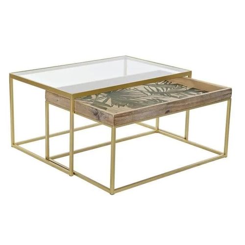 Tables Gigognes Style Tropical Naturel, Doré Bois, Verre, Métal 90 Cm