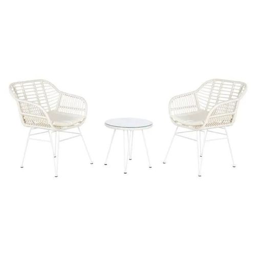 Ensemble Table + 2 Chaises 56 X 57,5 X 82 Cm Verre Métal Rotin Synthétique Blanc