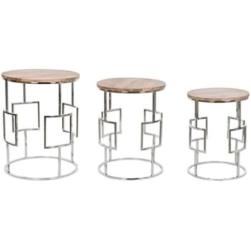 Tables - Home Esprit - Lot De 3 - Marron - Acier - Bois De Manche - 49,5 X 49,5 X 62 Cm