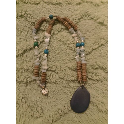 Collier Noix De Coco, Turquoises, Argent Tibétain, Chrysocolles,Tagua.