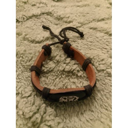 Bracelet En Cuir Noir Motif Éléphant.