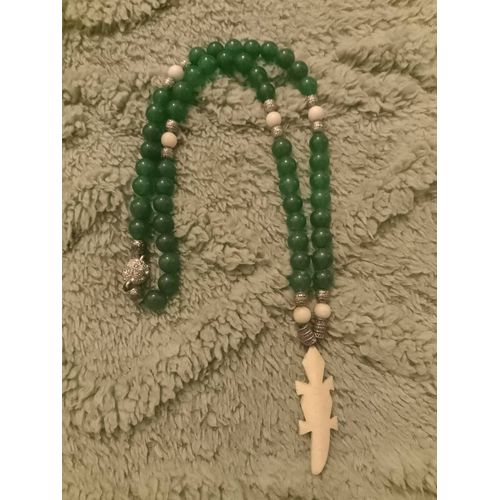 Collier Artisanal En Jades Et Argent Tibétain,Os Sculpté.