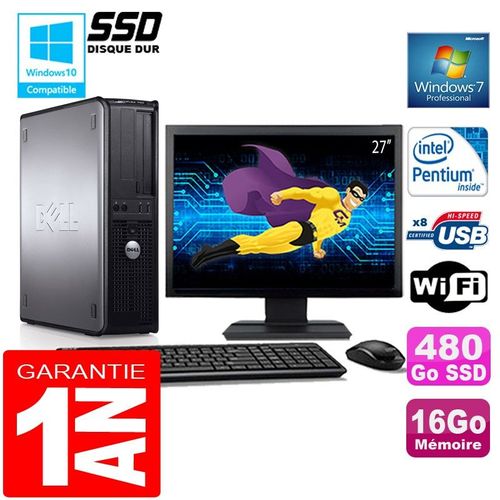 PC DELL 780 DT Intel E5300 Ram 16Go Disque 480 Go SSD Wifi W7 Ecran 27"