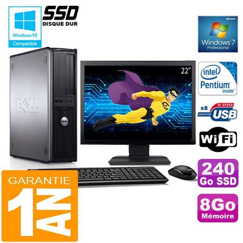 PC DELL 780 DT Intel E5300 Ram 8Go Disque 240 Go SSD Wifi W7 Ecran 22"