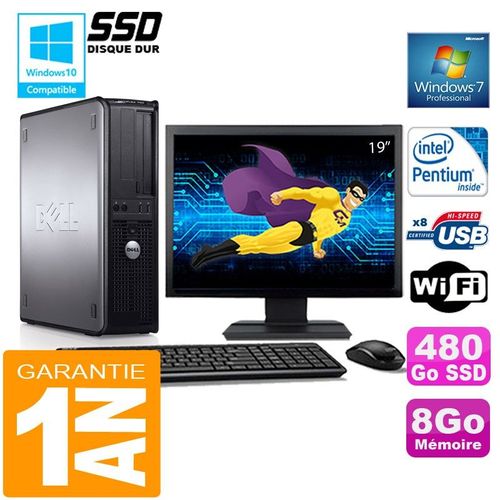 PC DELL 780 DT Intel E5300 Ram 8Go Disque 480 Go SSD Wifi W7 Ecran 19"