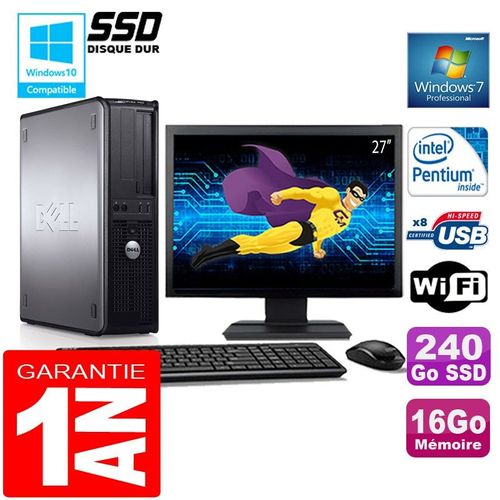 PC DELL 780 DT Intel E5300 Ram 16Go Disque 240 Go SSD Wifi W7 Ecran 27"