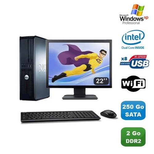 Lot PC DELL Optiplex 760 DT Intel E5200 2,5Ghz 2Go DDR2 250Go WIFI XP Pro + 22"