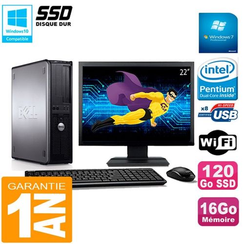 PC DELL Optiplex 780 DT Ecran 22" Intel E5300 RAM 16Go 120 Go SSD Wifi W7