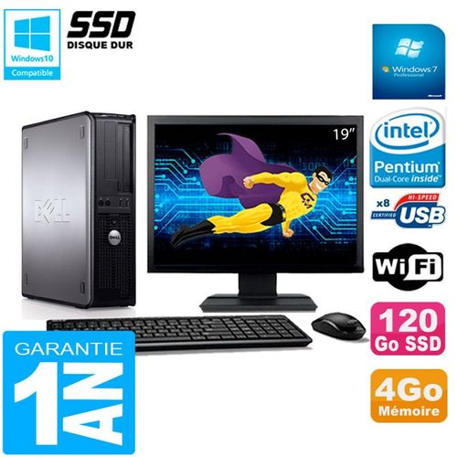 PC DELL Optiplex 780 DT Ecran 19" Intel E5300 RAM 4Go 120 Go SSD Wifi W7