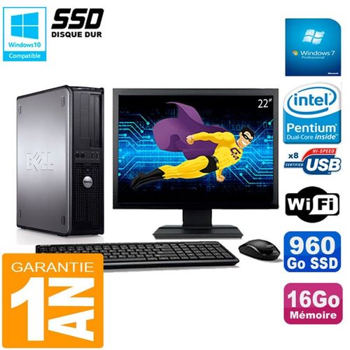 PC DELL Optiplex 780 DT Ecran 22" Intel E5300 RAM 16Go 960 Go SSD Wifi W7