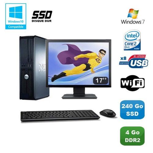 Lot PC DELL Optiplex 760 DT Intel E8400 3Ghz 4Go DDR2 240Go SSD WIFI Win 7 + 17"