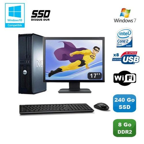 Lot PC DELL Optiplex 760 DT Intel E8400 3Ghz 8Go DDR2 240Go SSD WIFI Win 7 + 17"