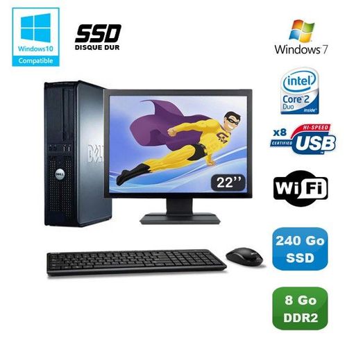 Lot PC DELL Optiplex 760 DT Intel E8400 3Ghz 8Go DDR2 240Go SSD WIFI Win 7 + 22"