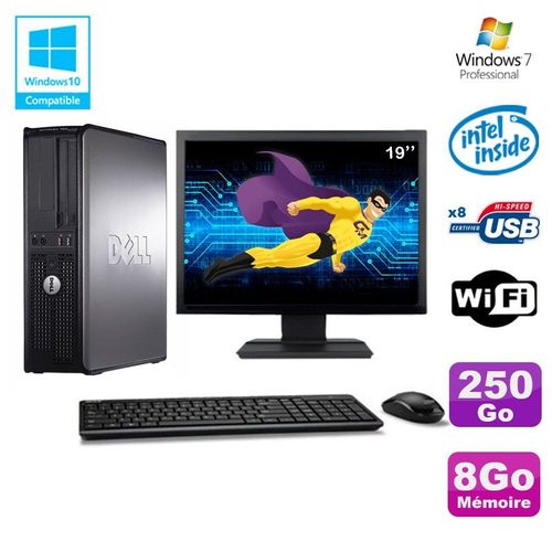 Lot PC DELL Optiplex 780 DT Intel E5200 2,5Ghz 8Go 250Go WIFI Win 7 + Ecran 19"