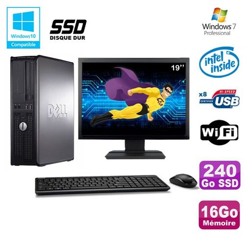 Lot PC DELL Optiplex 780 DT Intel E7500 2.93Ghz 16Go 240Go SSD WIFI W7 +Ecran 19"