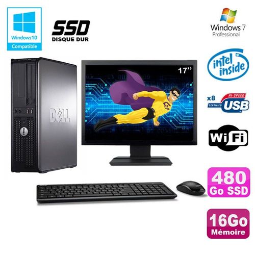 Lot PC DELL Optiplex 780 DT Intel E7500 2.93Ghz 16Go 480Go SSD WIFI W7 +Ecran 17"