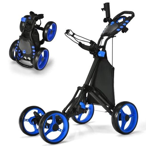 Chariot De Golf 4 Roues Pliable À Pousser Ou À Tirer Costway-Sac Imperméable-Frein À Pied-Porte-Parapluie,Poignée-Bleu