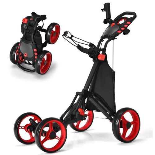 Chariot De Golf 4 Roues Pliable À Pousser Ou À Tirer Costway-Sac Imperméable-Frein À Pied-Porte-Parapluie,Poignée-Rouge