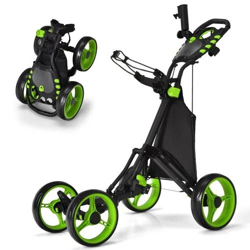 Chariot De Golf 4 Roues Pliable À Pousser Ou À Tirer Costway-Sac Imperméable-Frein À Pied-Porte-Parapluie,Poignée-Vert