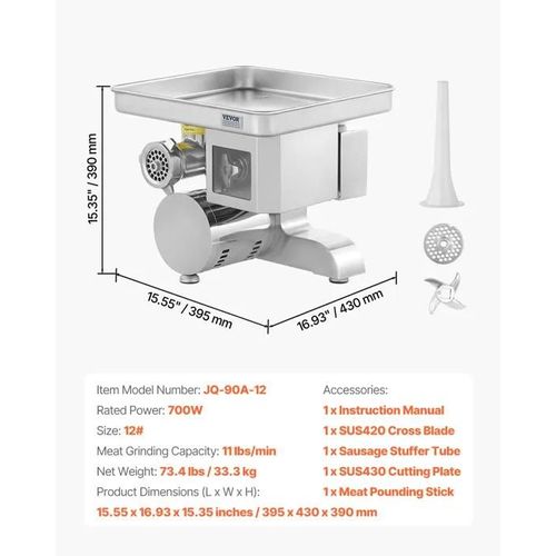 Hachoir à Viande Électrique et Trancheuse-VEVOR-Capacité de 5 kg/min-avec Lame et Plaque de Broyage-pour Cuisine Boucherie