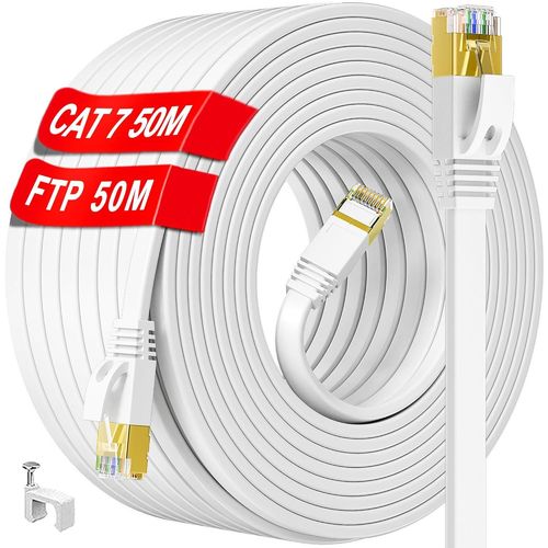 Cable Ethernet 50m, Cat 7 Câble Réseau 50m Câble RJ45 50m Blindé, Blanc Cable Lan Haut Débit 10Gbps 600MHz Anti-interférence FTP Long Câble Internet Extérieur Etanche, Pour Routeur Switch (50 Clips)