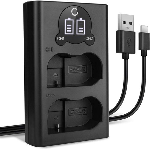 Chargeur Double EN-EL15 EN-EL15B Smart et Rapide compatible avec Nikon D750, Z6 Z7 Z5, 1 V1, D7000 D7100 D7200 D7500 D800E D810A D850 D600 D610 + Câble USB MH-25 Câble de Charge Alimentation