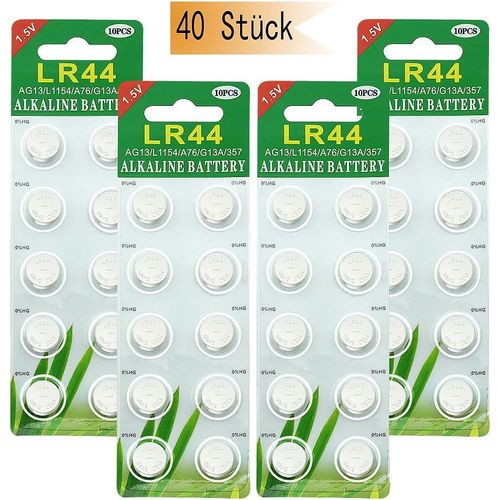 Lot de 40 piles bouton alcalines AG13 LR44 1,5 V sans mercure (357/357A/L1154/A76/GPA76)