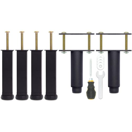 Pied De Lit, Pieds Pour Sommier À Lattes Universel | Reglable En Hauteur | 4 Pieds De 15cm(+2cm) + 2 Pieds Central De 12cm(+6cm) | Design: Noir Metallique | Carré + Ronde | Pour Les Cadres | Lot De 6