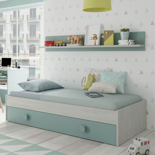 Lit Gigogne 90x190 + Étagère Bois Blanchi/Vert - Monterey