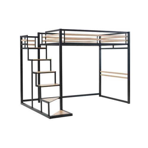 Lit Mezzanine 140 X 200 Cm - Métal Et Mdf - Noir Et Naturel - Jogui