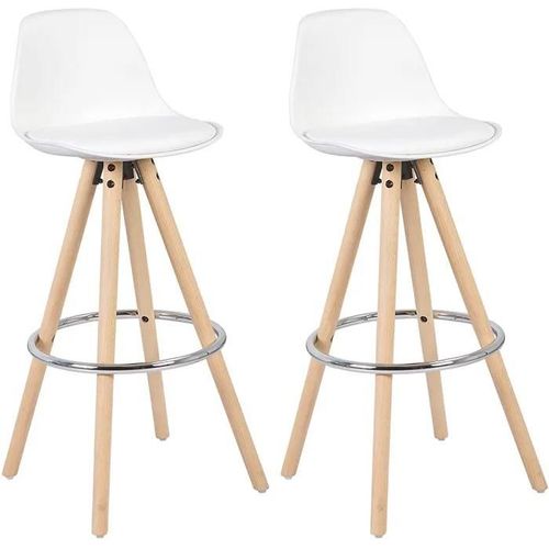 Lot De 2 Tabourets De Bar En Similicuir Et Bois Avec Repose-Pieds 38-5x33x96-5cm Blanc