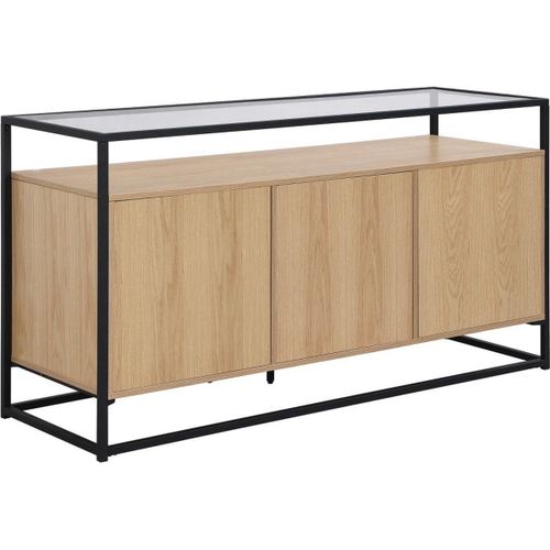 Buffet Avec 3 Portes En Mdf, Verre Trempé Et Métal - Naturel Clair - Camata