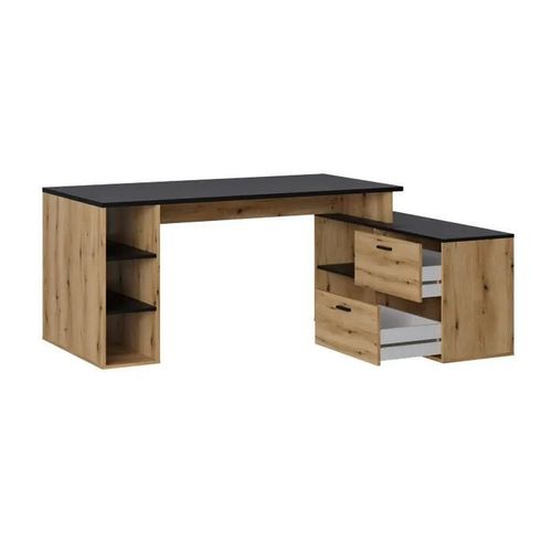 Bureau Dangle En Mélamine Coloris Imitation Chêne Rustique / Noir - L. 183 X P. 141 X H. 75 Cm