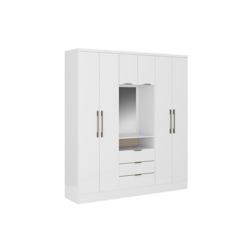 Armoire 6 Portes Et 3 Tiroirs - Avec Miroir - L180 Cm - Coloris : Blanc - Elorio